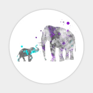 Mom and Baby Elephant Watercolor Painting Lilac Blue Magnet